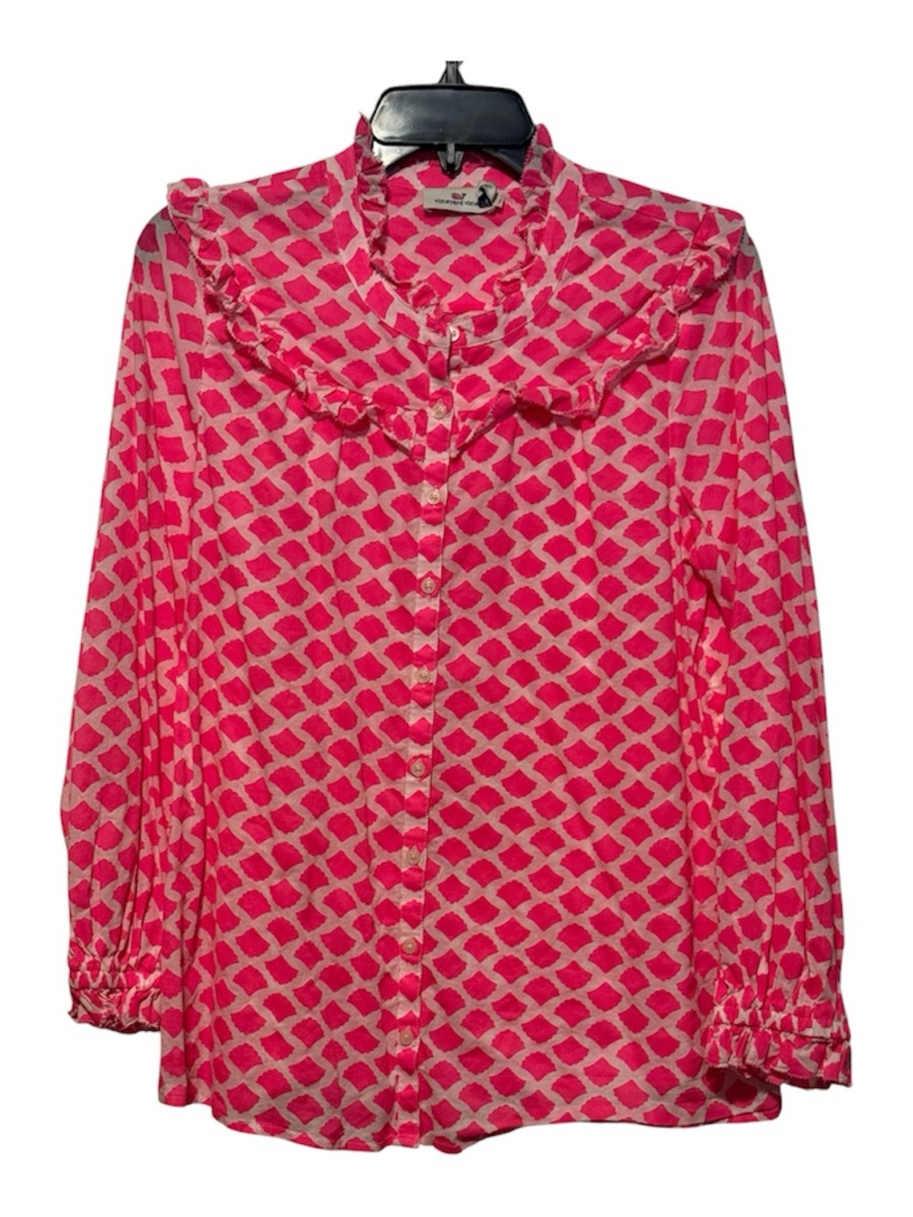 Vineyard vines . Women’s Pink Patterned Ruffle Collar Button-Up Blouse 👚